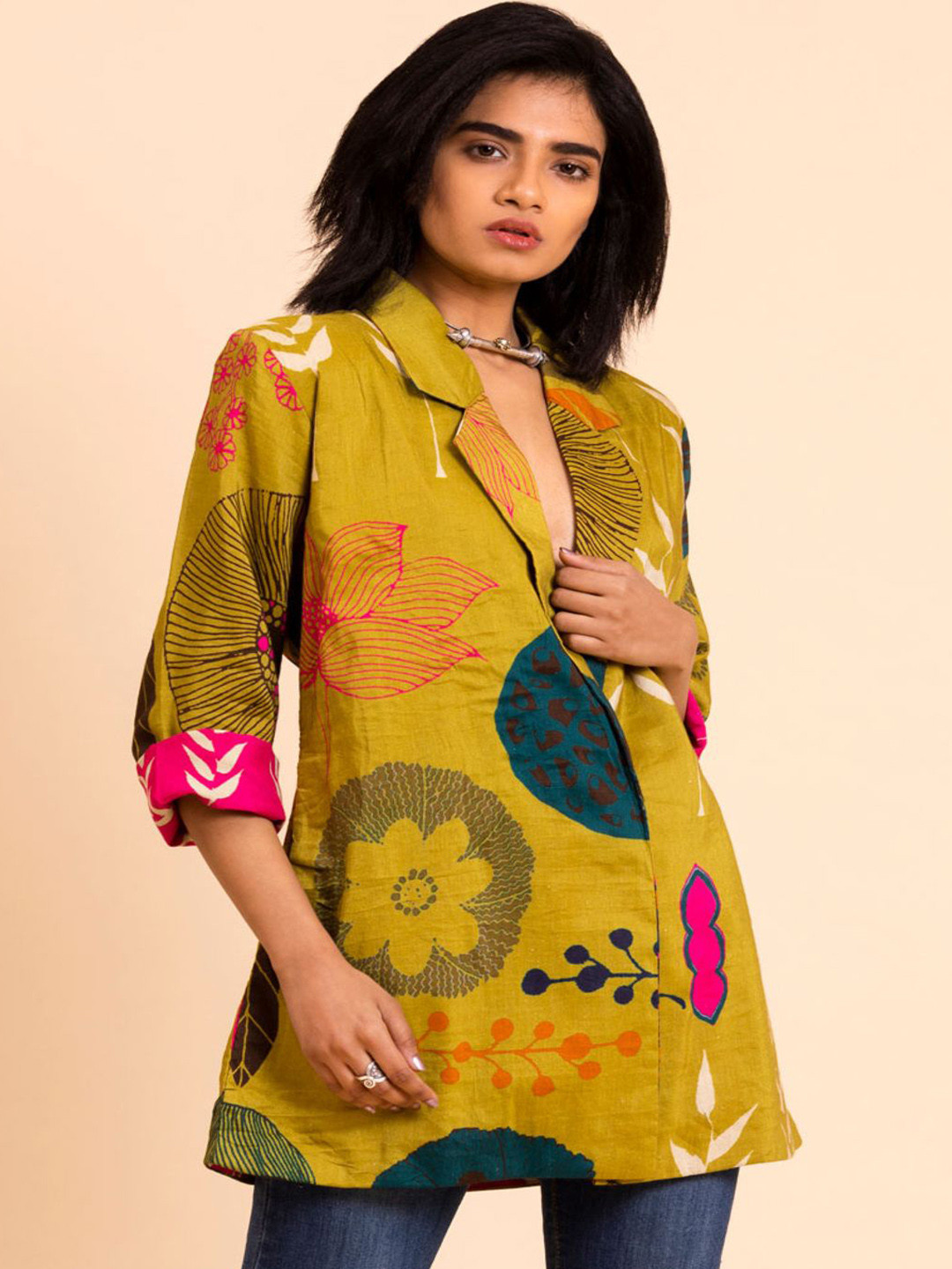 UDD Linen Floral Lapel Collar Tailored Jacket