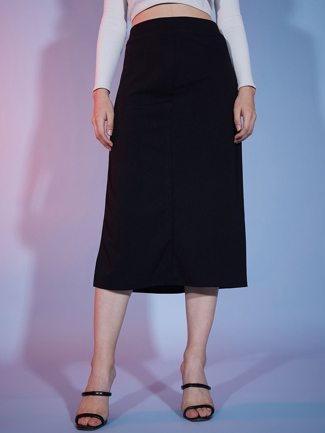 QIOA Below Knee Slit Pencil Midi Skirt