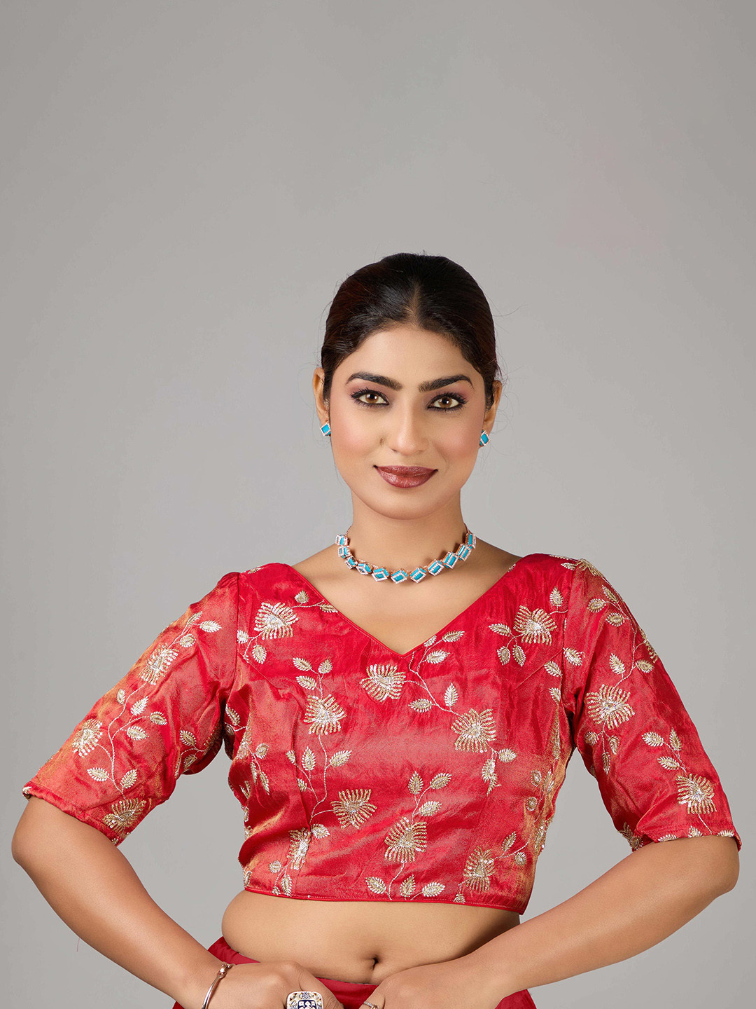 Ethnovog Red Dual Tone Viscose Embroidered V-Neck  Saree Blouse
