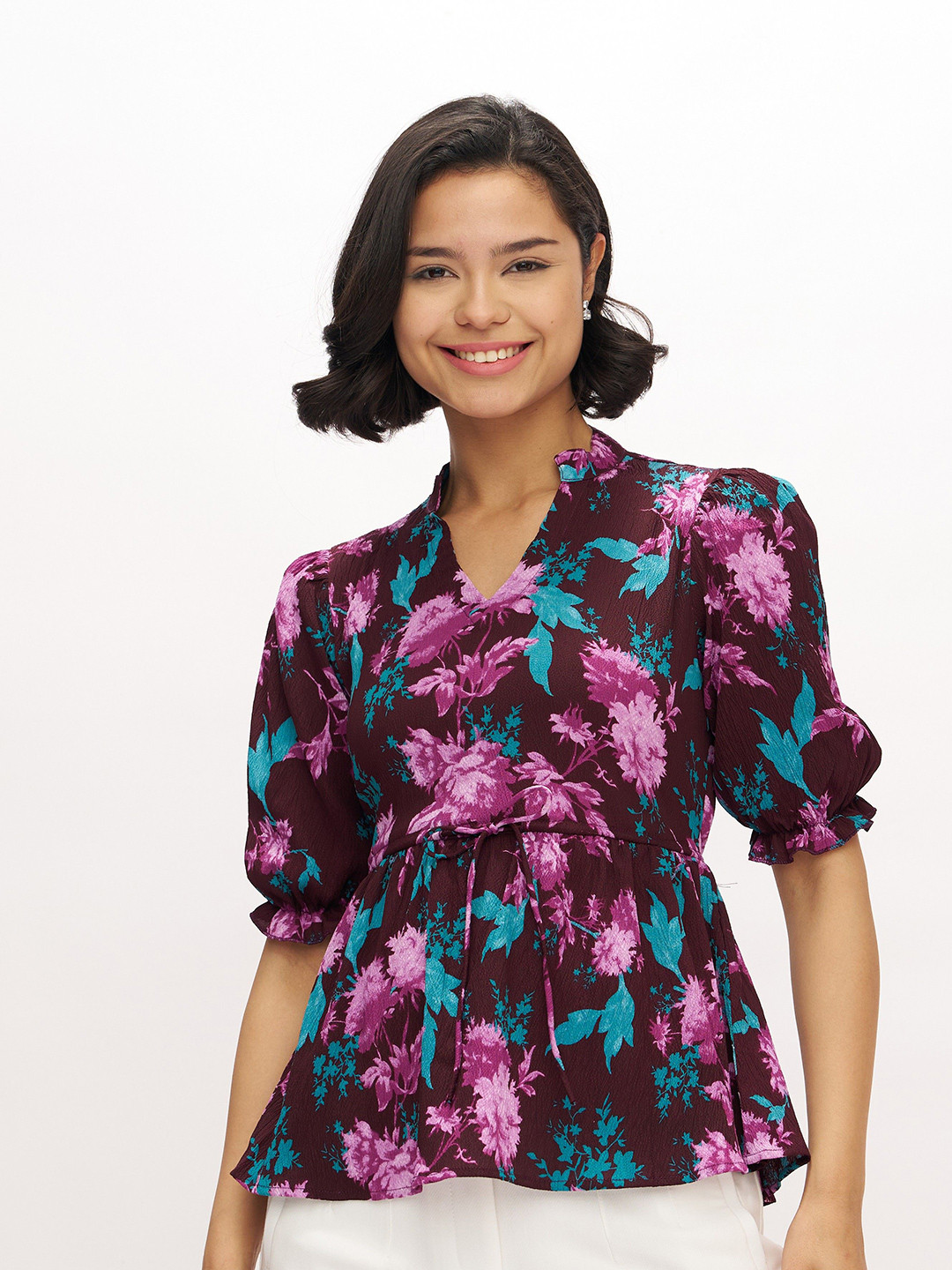 AASK Women Polyester Printed Wine Color Regular Top