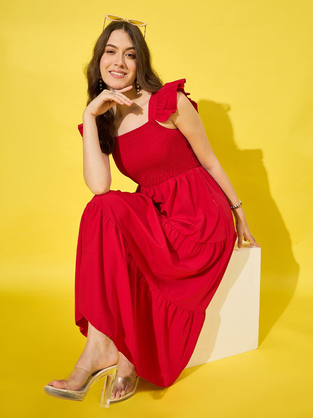 QIOA Women Square Neck Fit & Flare Midi Dress