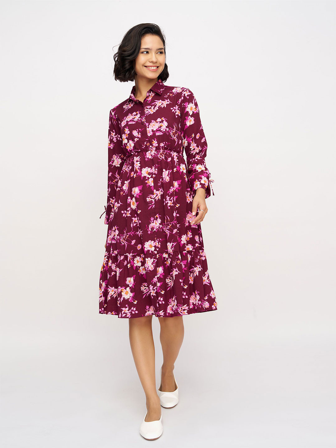 AASK Women's Wine Floral Printed Delta Crush Calf Length Shirt Dress