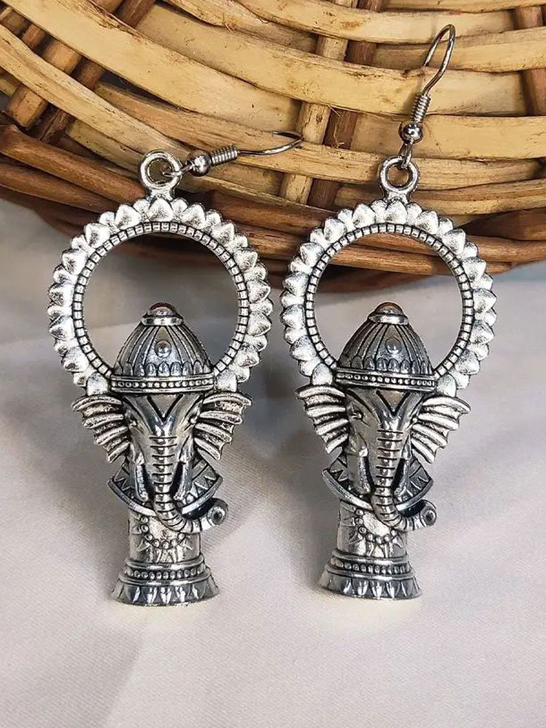 HIGH TRENDZ Girls German Silver-Plated Ganesh Ji Oxidised Contemporary Drop Earrings