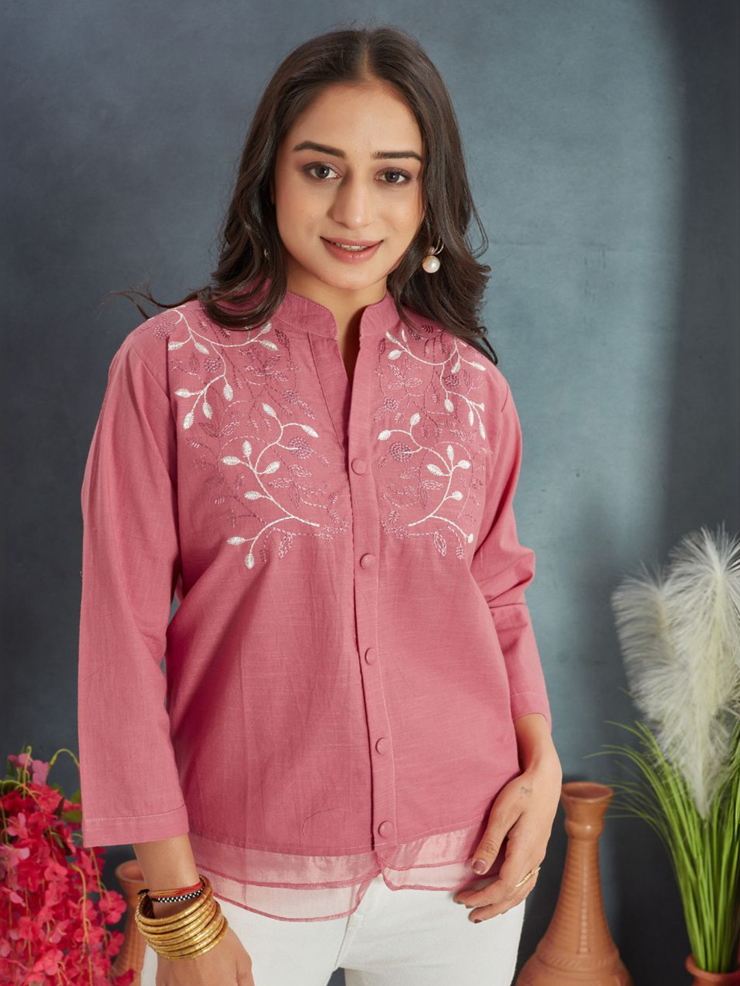 CORSICA Classic Floral Embroidered Mandarin Collar Casual Shirt Style Top