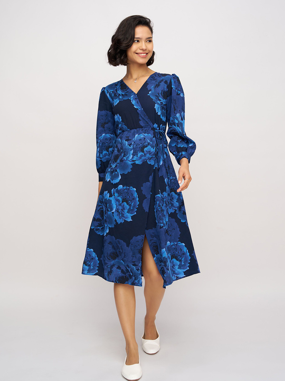 AASK Women Navy Blue Printed Delta Crush Calf Length Wrap Dress
