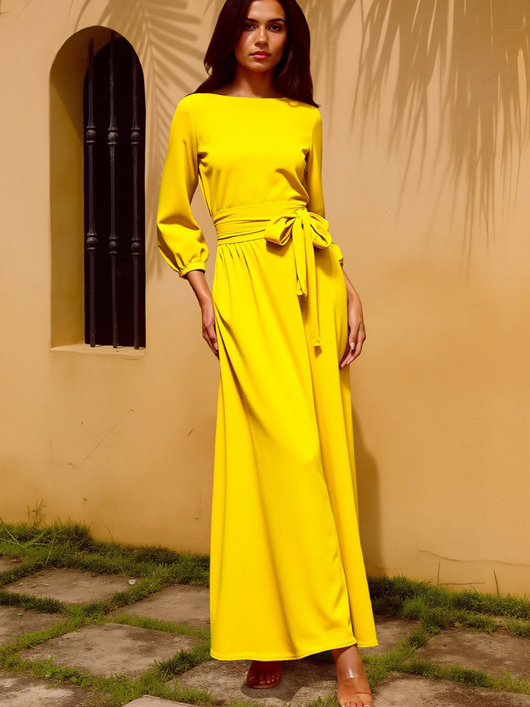 bebe Yellow Long Sleeves Tie Waist Maxi Dress