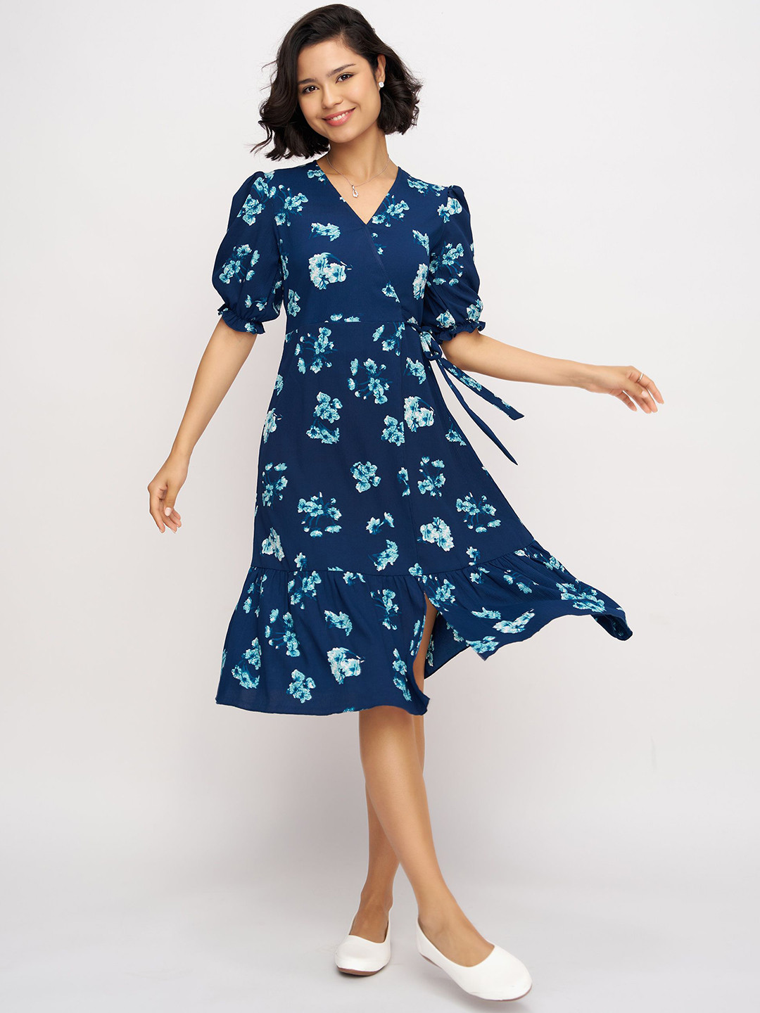 AASK Women Teal Blue Printed Delta Crush Calf Length Fit and Flare Dress