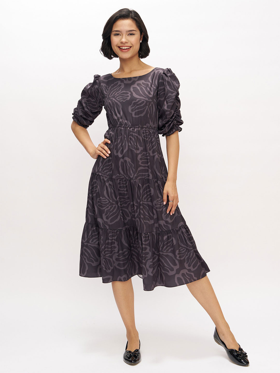 AASK Women Grey Printed Delta Crush Calf Length Fit and Flare Dress