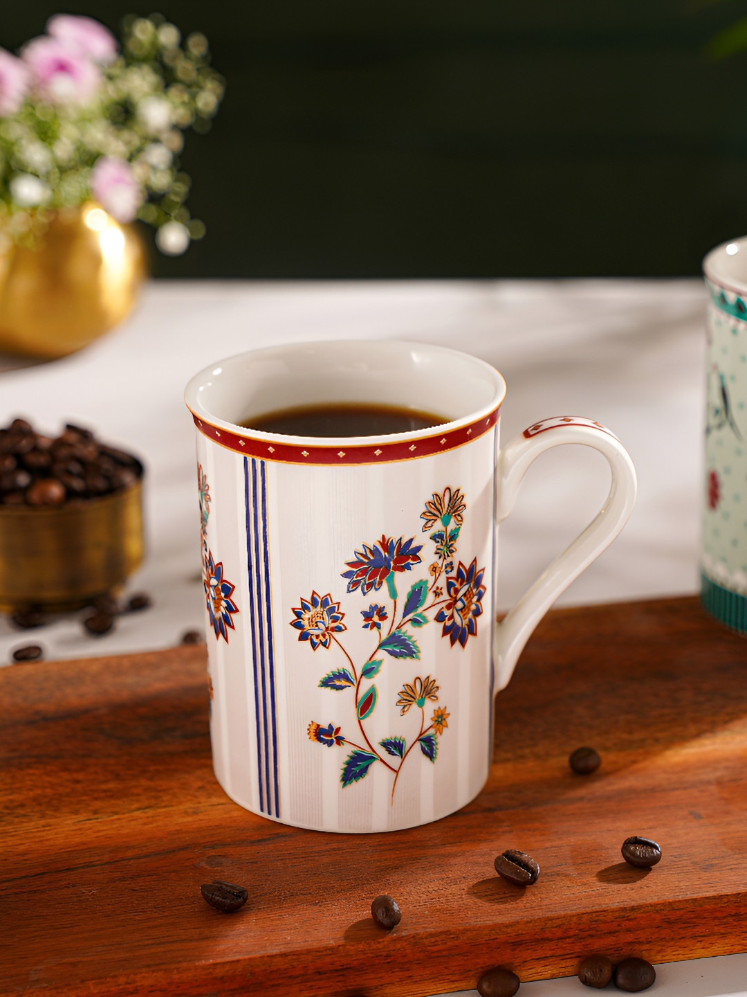 JAYPORE White & Green Floral Printed Porcelain Matte Mugs Set of Cups and Mugs