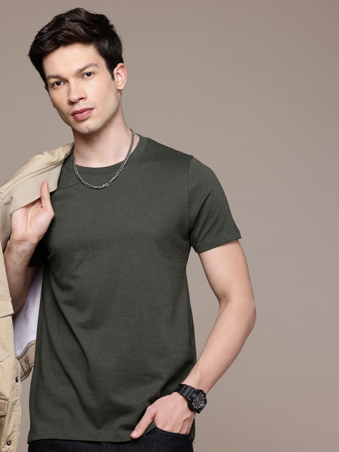 SYMBLANCE Men Solid Round Neck Cotton T-shirt