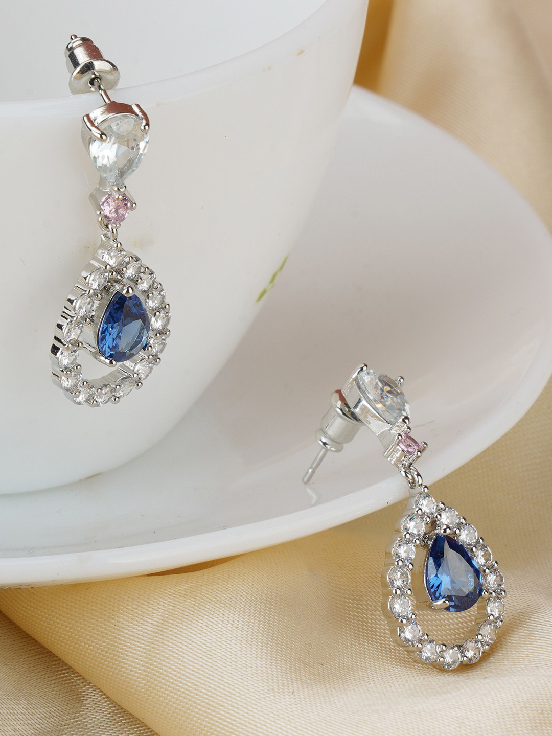 BISHTY  Stainless Steel Silver-Plated CZ Studded Tear Drop Drop Earrings