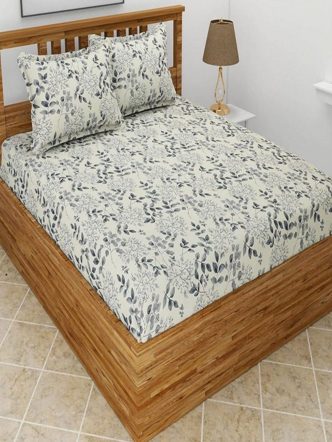 Aura Cream Leaf Microfiber 144 TC Fitted Queen Bedsheet with 2 Pillow Covers-152 x 199 cm