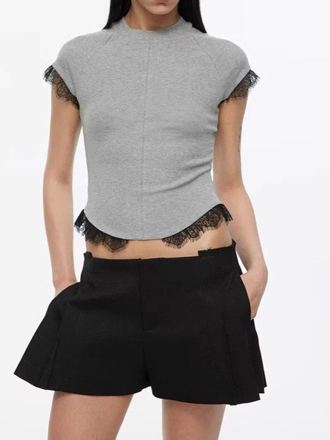 StyleCast x Revolte Women Solid Lace Short Sleeves Crop Top