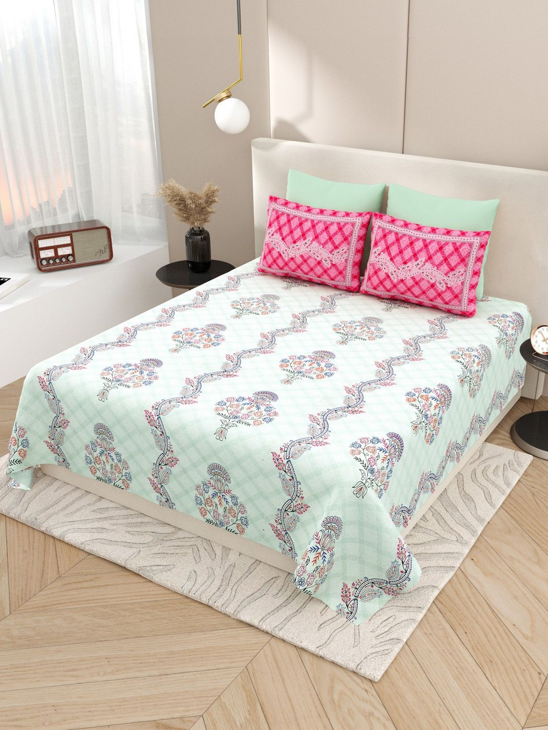 Aura Kashida Blue Floral Pure Cotton Breathable 180 TC King Bedsheet with 2 Pillow Covers-270 x 270 cm