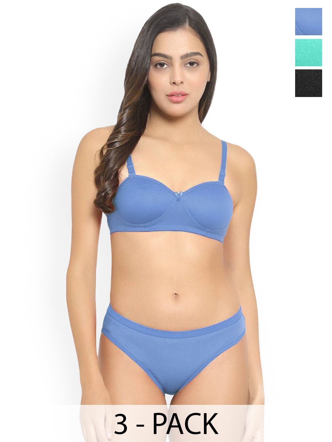 AROUSY Pack Of 3 Cotton Lightly Padded Lingerie Sets J_Demi-Set_L-B,G,Bl