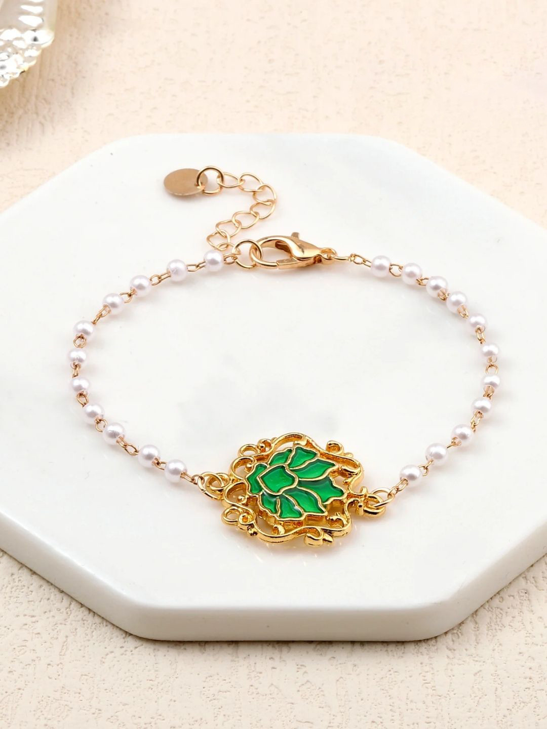 SALTY Pack of 2 Women Serenity Lotus Green Charm Gold Bracelet