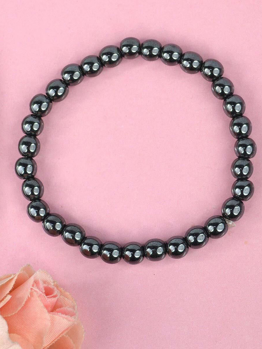 Sukhad Unisex Natural Hematite Round Healing Crystal Beaded Elasticated Bracelet