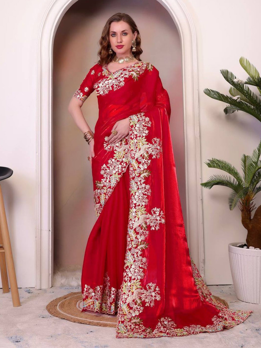ODETTE Women Red Jimmy Choo Embellished Saree