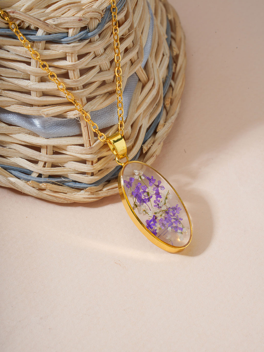 BISHTY  Gold-Plated Stainless Steel Dried Lilac Real Resin Pendant with Chain