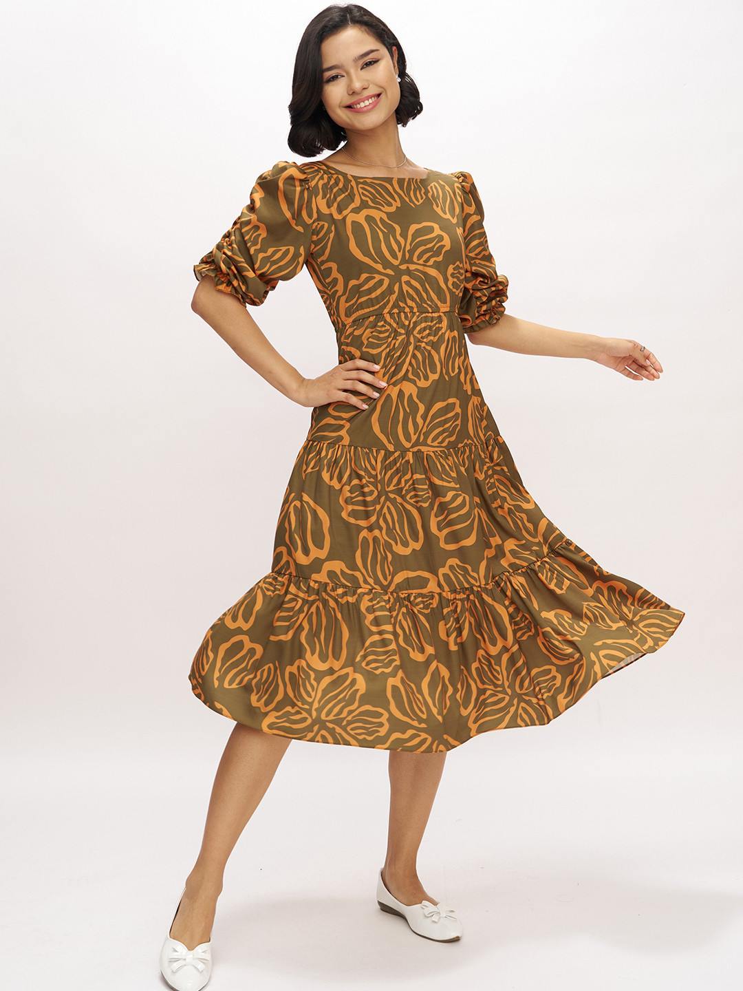 Aask Women's Mustard Printed Delta Crush Calf Length Fit and Flare Dress