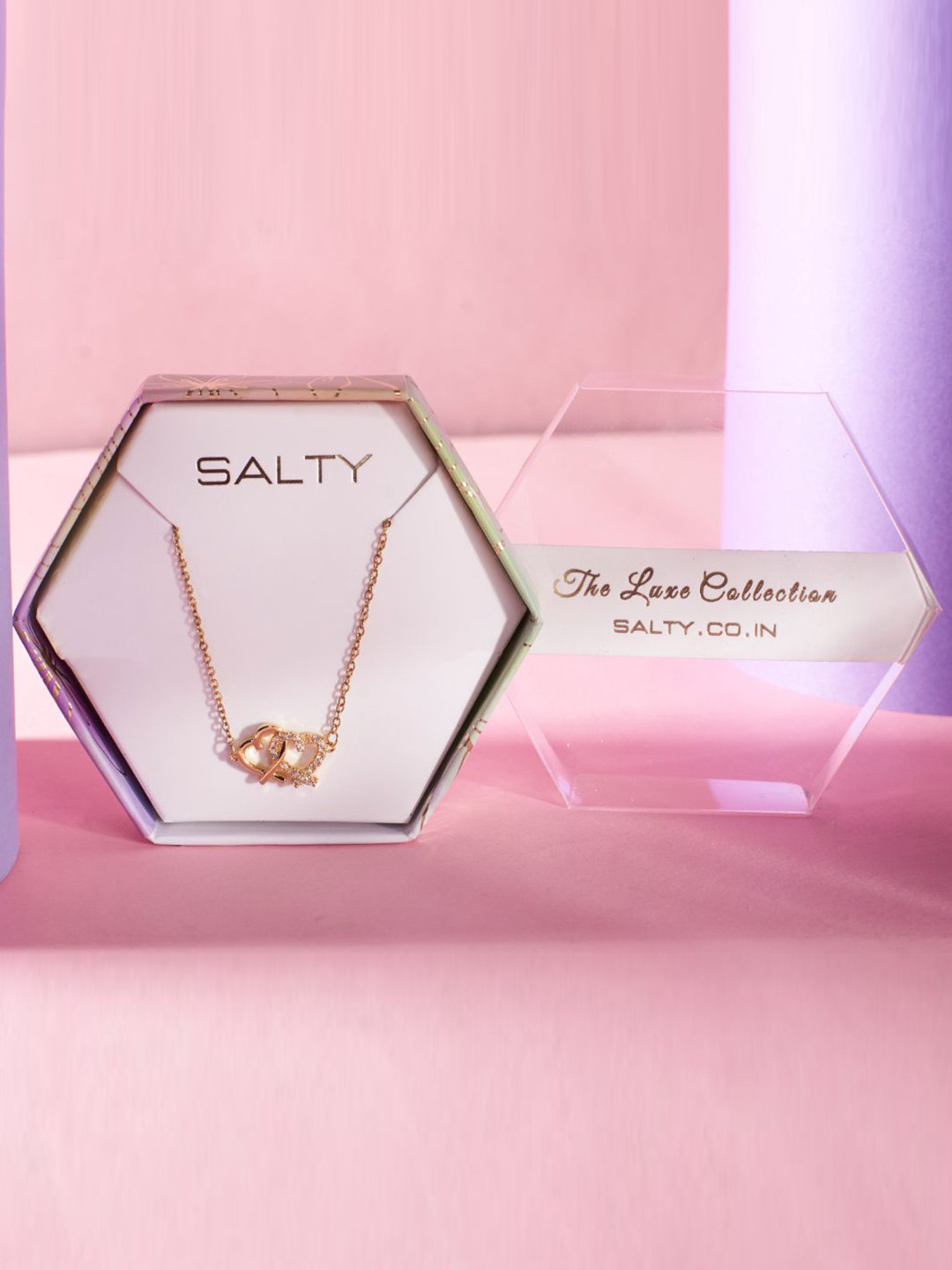 SALTY Stones Studded Linked Hearts Pendant Chain & Chain Ring Jewellery Set