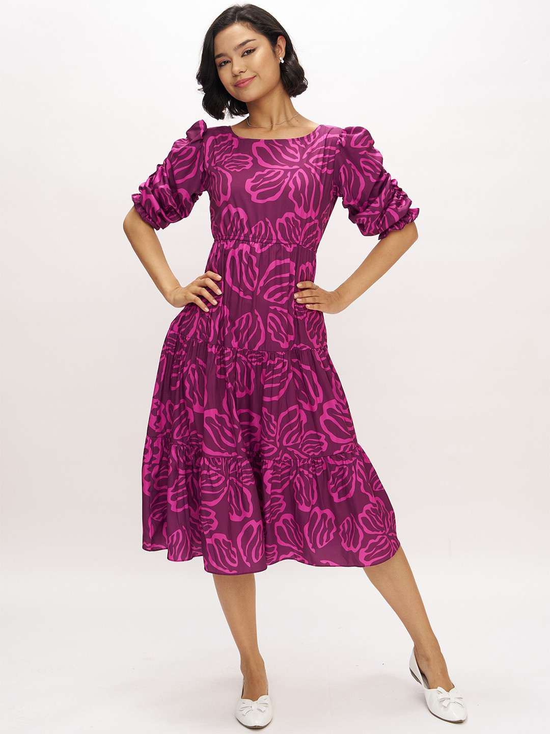 AASK Women Pink Printed Delta Crush Calf Length Fit and Flare Dress