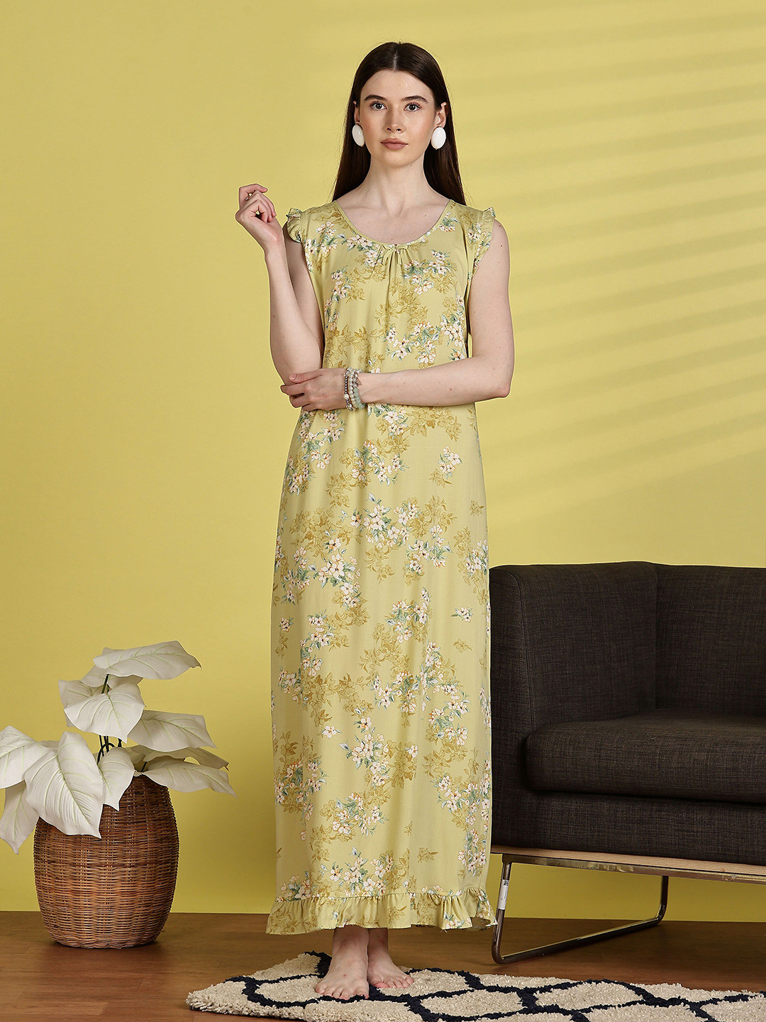 9shines Label Lime Yellow Rayon Floral Maxi Bow Neckline Nightdress