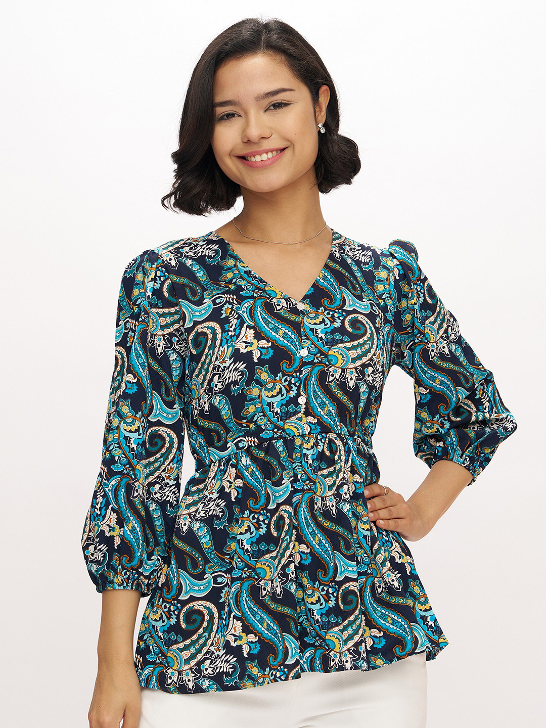AASK Women Polyester Printed Teal Color Regular Top