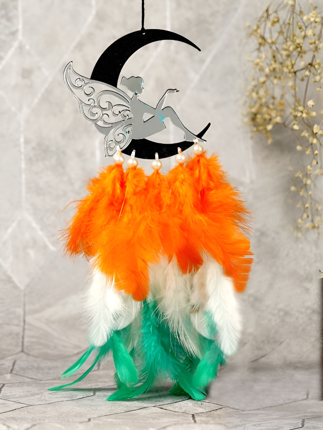 COLOR SPLASH White & Orange-Colored Tiranga Fairy Feathers Car Dream Catcher