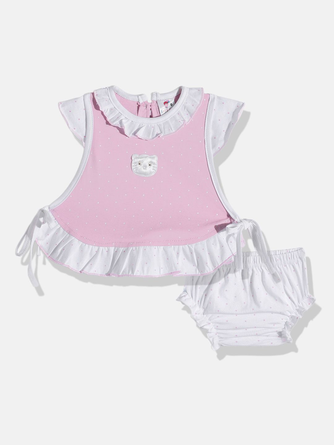 BABYMAX Infant Girls Polka Dot Printed Ruffled Pure Cotton Drop-Waist Dress With Bloomers