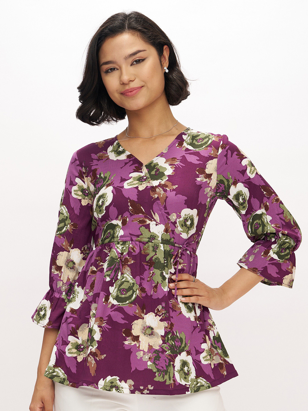 AASK Women's Polyester Printed Wine Color Regular Top