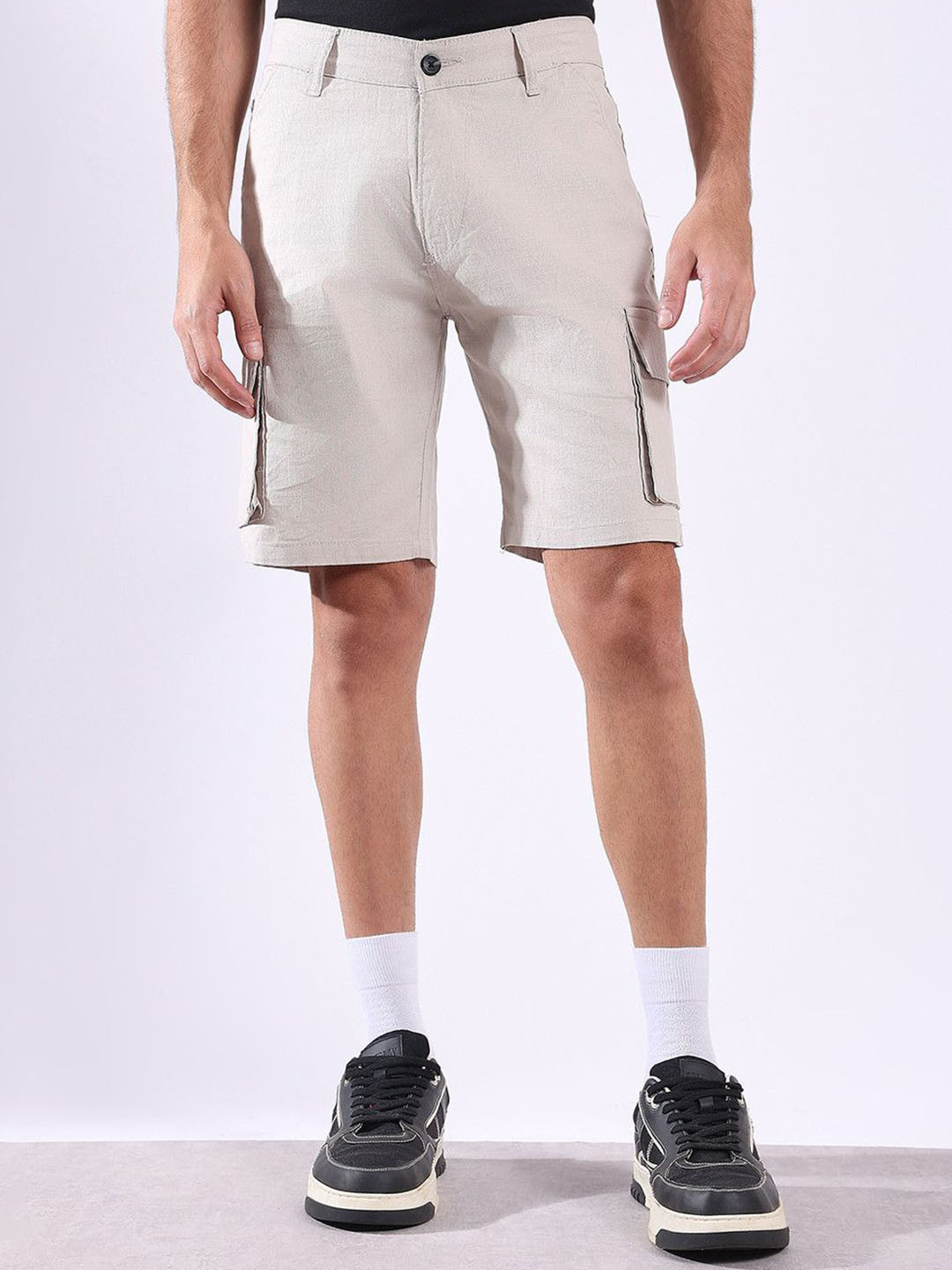 Hence Men Solid Self Design Linen Cargo Shorts