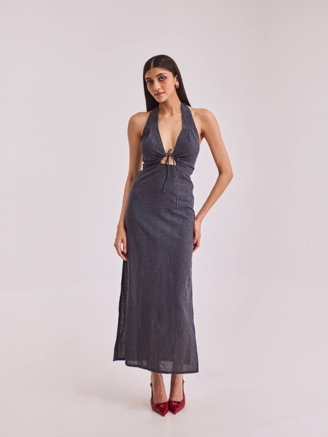 Urban Suburban Grey Striped Halter Cotton Midi Dress