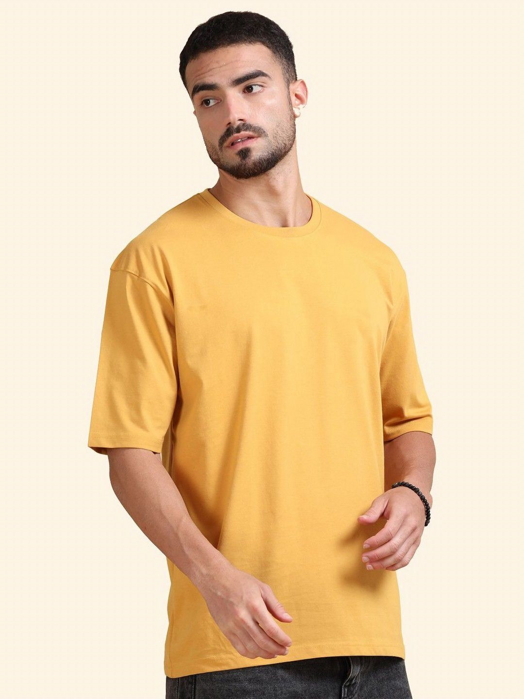 Mast & Harbour Mustard Yellow Drop-Shoulder Sleeves Anti Odour PureCotton Oversized Tshirt