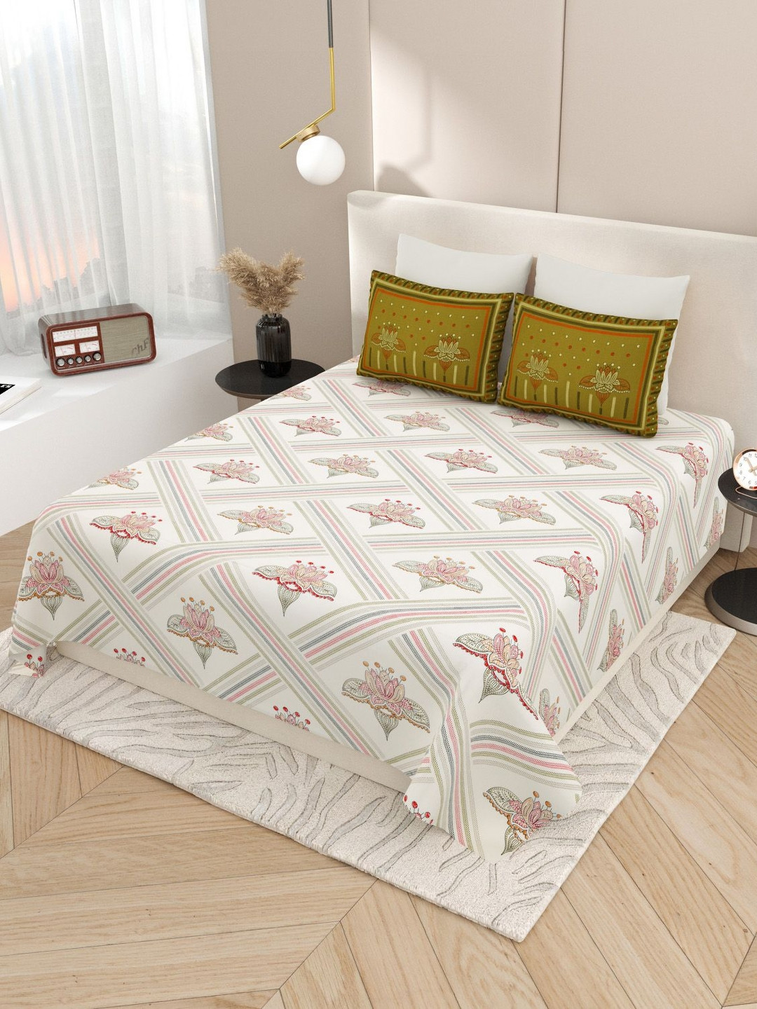 Aura Kashida Cream Floral Pure Cotton Breathable 180 TC King Fine Bedsheet with 2 Pillow Covers-106 x 106 inches