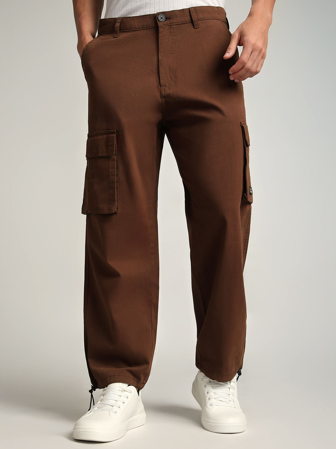 Beyoung Men Chocolate Brown Statement Cargo Pants