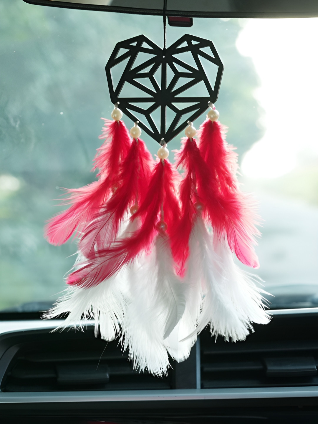 COLOR SPLASH Black & Red Geometric Heart Feathers Car Dream Catcher
