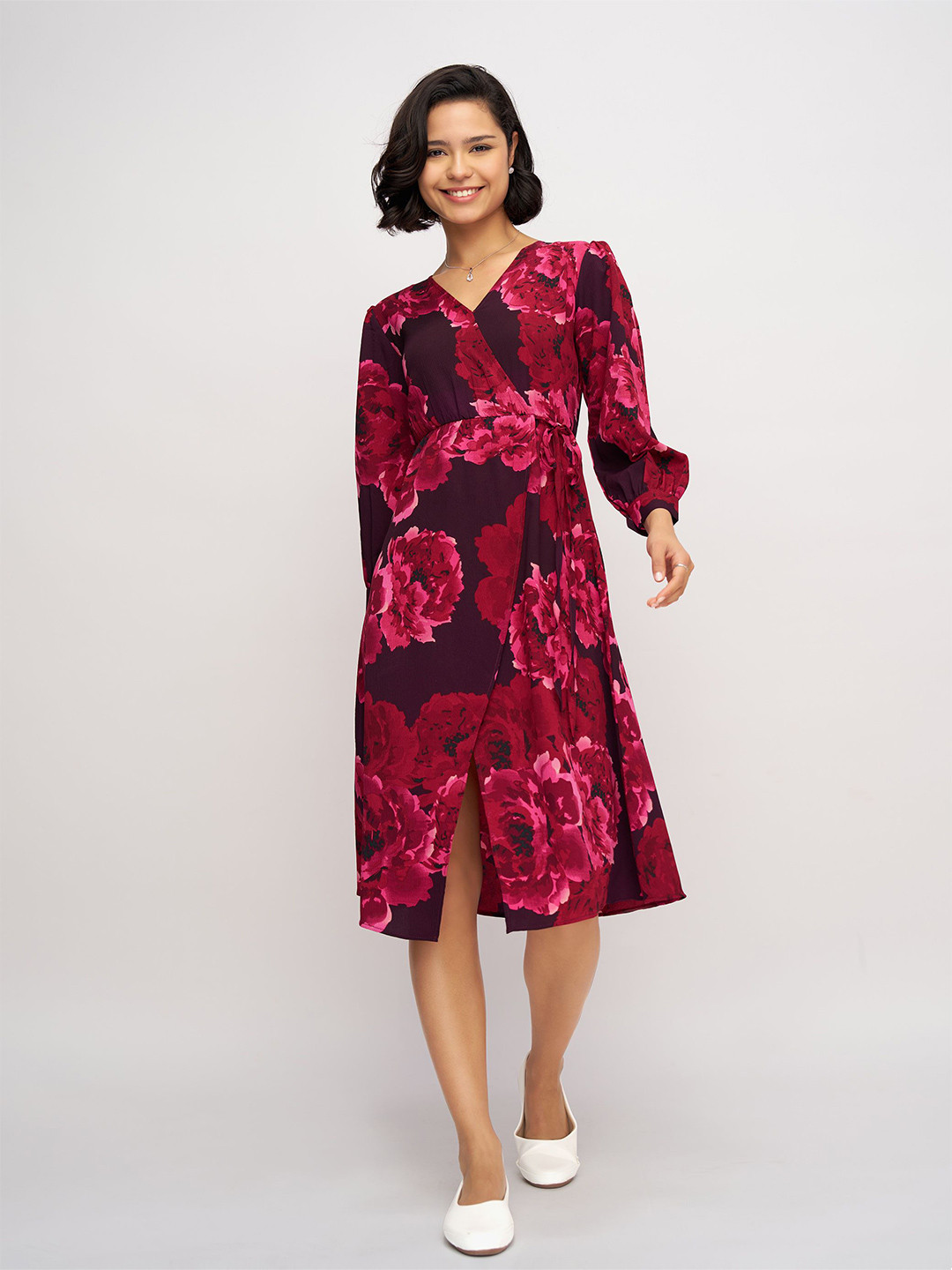AASK Floral Print Delta Crush Calf Length A-Line Dress