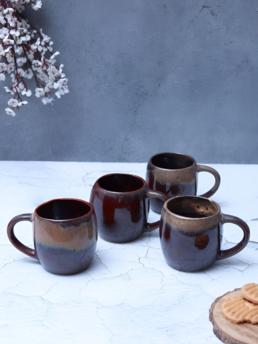 Unravel India Set of 4 Coffee Brown Hand Painted Ceramic Mugs