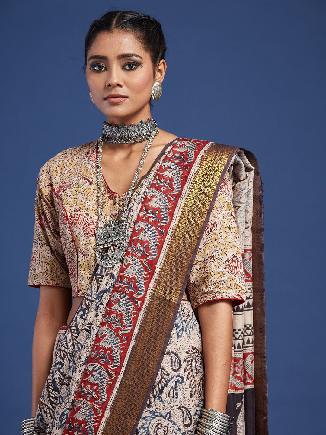 Taavi Hand Block Printed Silk Blend Kalamkari Saree with Attached Blouse