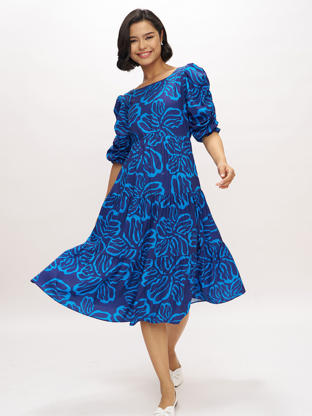 AASK Women's Blue Printed Delta Crush Fit and Flare Midi Dress