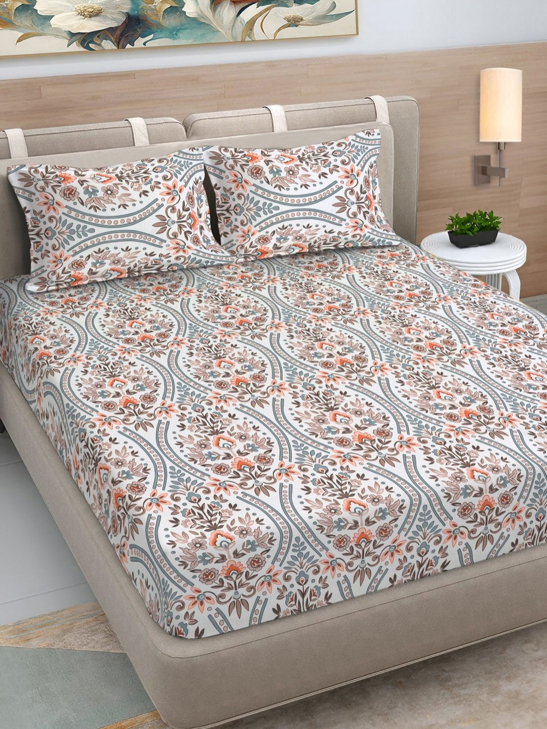 Myntra Elegant Homes White Ethnic Motifs Polycotton 300 TC King Fine Bedsheet with 2 Pillow Covers-98 x 89 inches