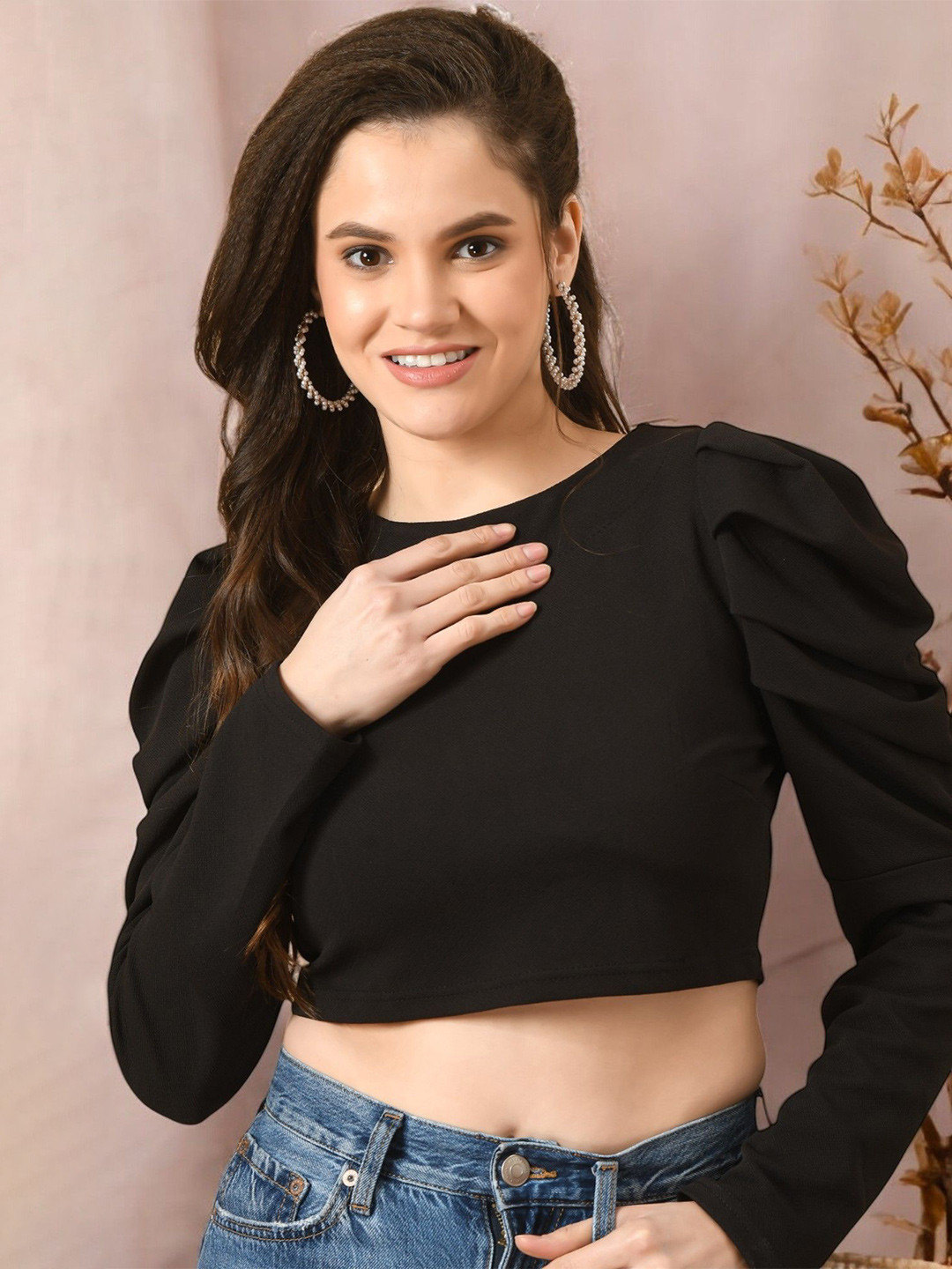 ZEUGEN Womwn Black Casual Puff Sleeve Crop Top