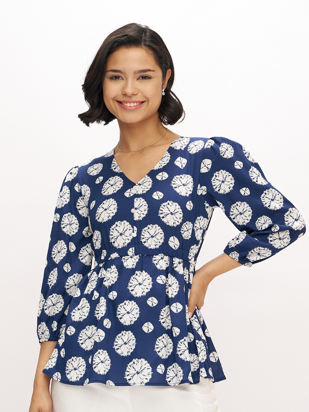 AASK Women's Polyester Printed Navy Blue Color Regular Top