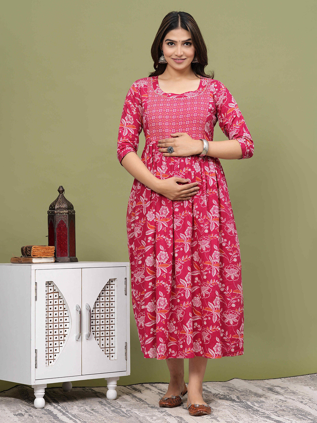 BAESD Floral Printed Maternity Cotton Fit & Flare Midi Dress