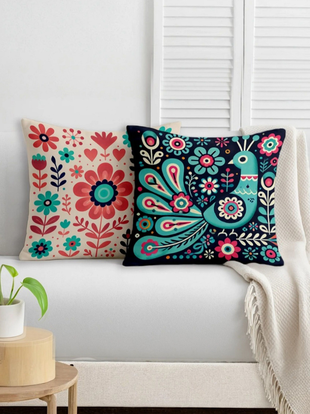STITCHNEST Folk Art Peacock Floral Satin Ultra Soft 2 Pcs Cushion Covers - 16 x 16 In