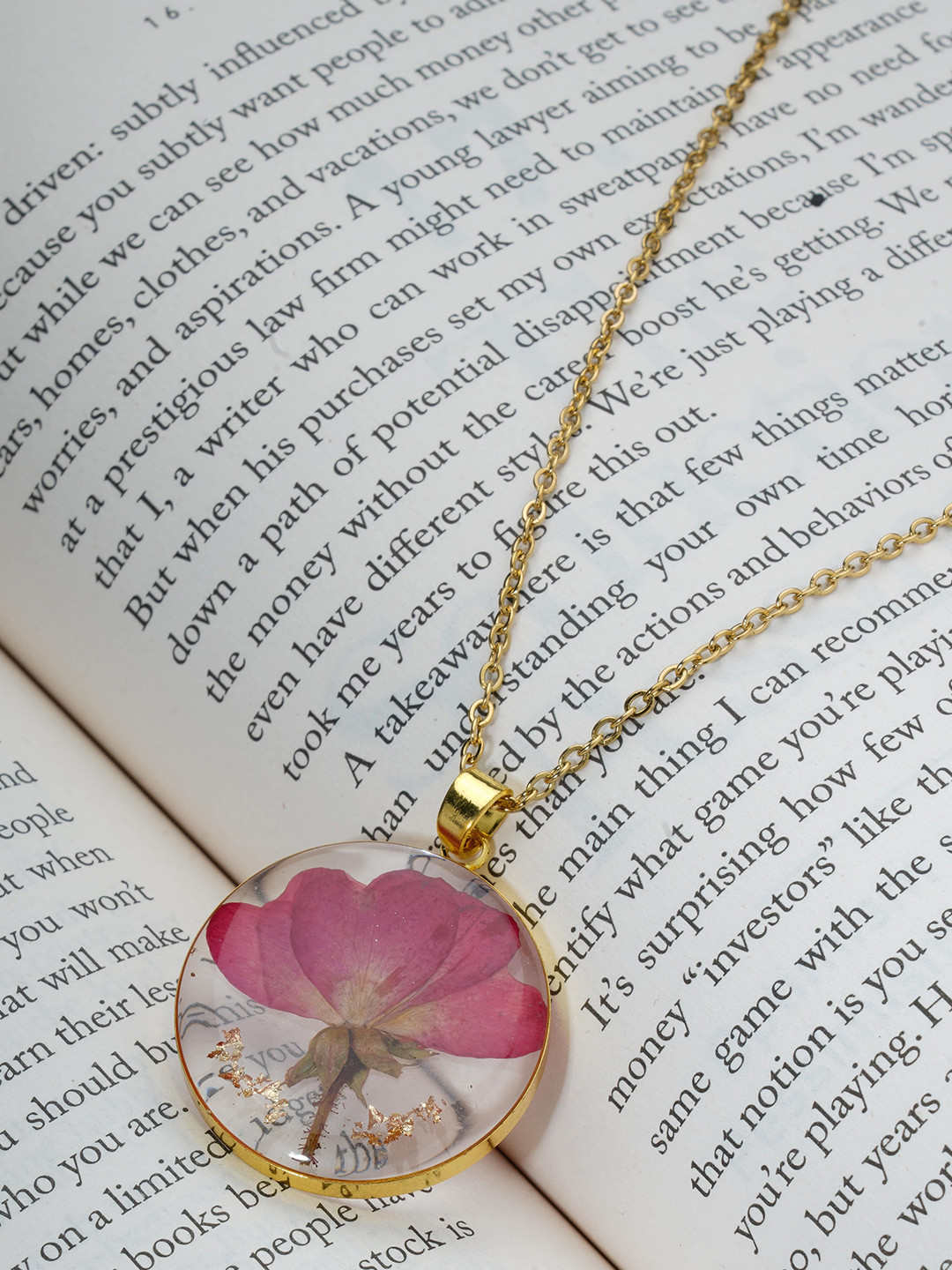BISHTY  Gold-Plated Stainless Steel Dried Rose Resin Circular Pendant with Chain