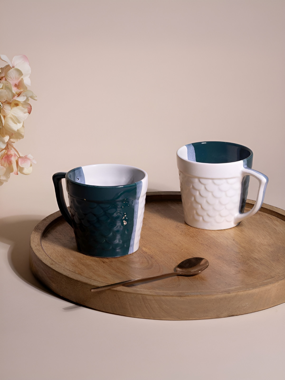 Storepedia Warli Art Green Textured Ceramic Handmade 2 Piece Mugs-150ml