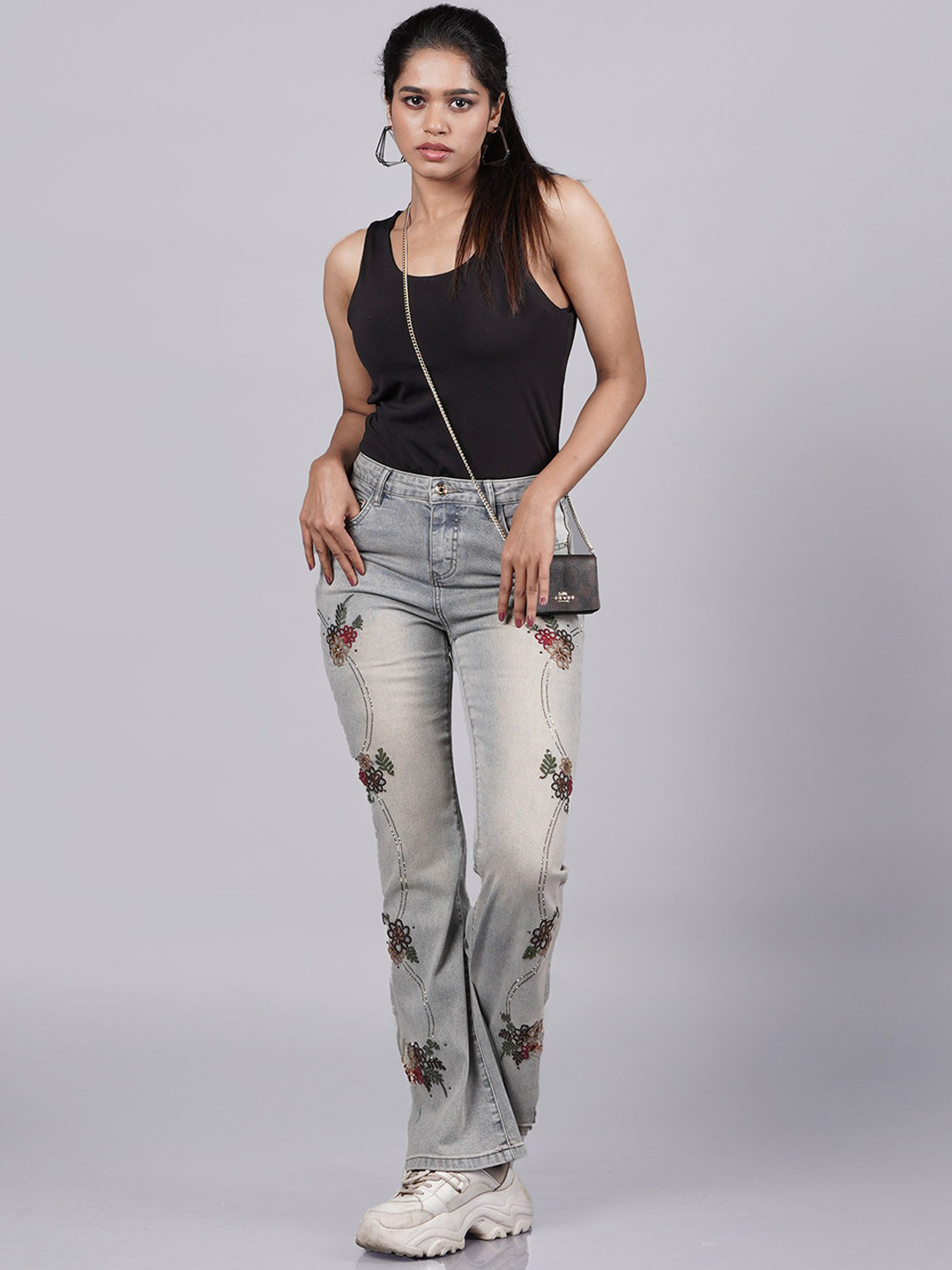 French Theory Women Mid-Rise Embroidered Light Fade Cotton Non Stretchable Jeans