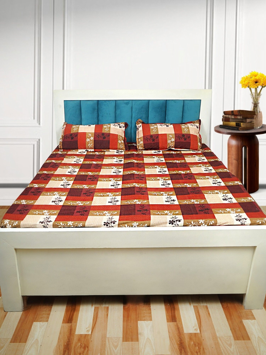 Adwitiya Red Floral Polycotton Soft Feel 210 TC Queen Fine Bedsheet with 2 Pillow Covers-90 x 100 inches